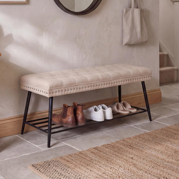 Thick Cushioned Shoe Bench, Entryway Bench with Metal Shoe Rack, Upholstered Tufted Ottoman Bench, End of Bed Bench