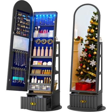 Full Length Mirror with Storage, 63" Mirror Jewelry Cabinet Standing, Rotating Jewelry Mirror Organizer Full Length