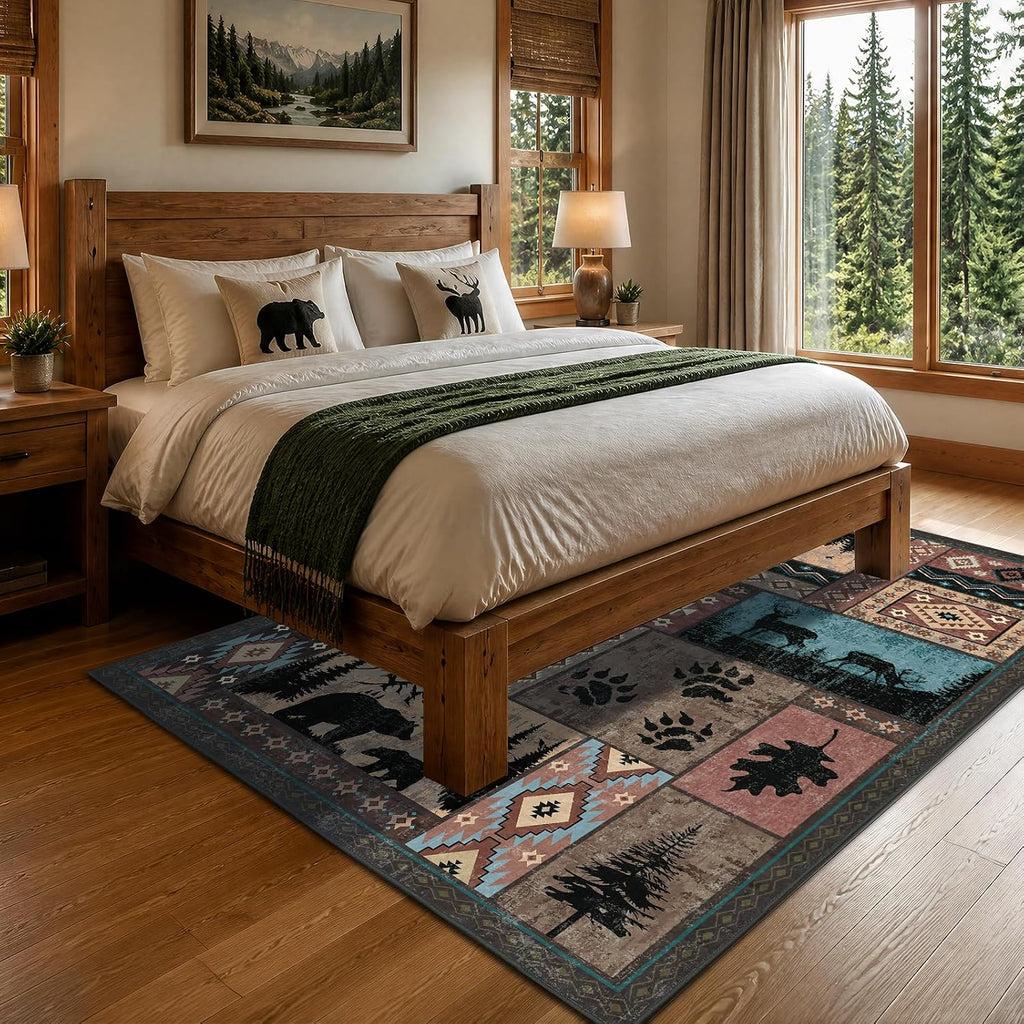 Rustic Cabin Area Rug, Washable Southwestern Country Lodge Bear Rug, Non-Slip Low Pile Wildlife Animal Carpet