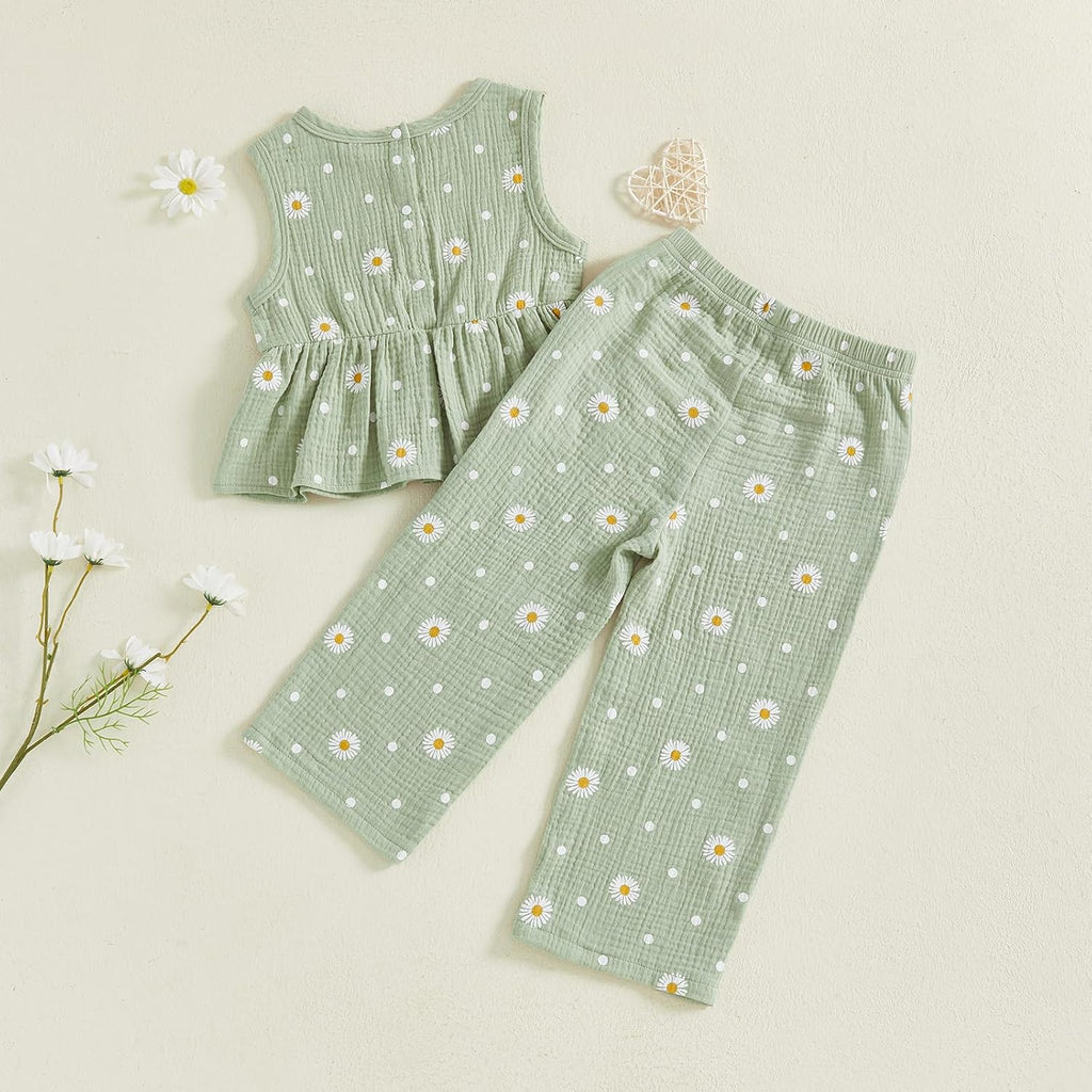 Infant Baby Toddler Girl Clothes Daisy Linen Outfits Bows Shirts Long Pants