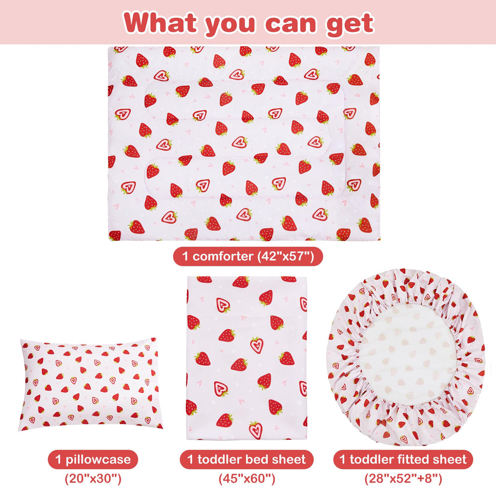 Toddler Bedding Set, 4 Piece Bed-in-a-Bag Toddler Bed Comforter Sets for Girls, Toddler Bed Set, Prink Strawberry
