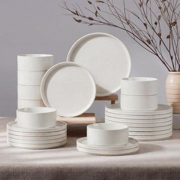 Dinnerware Sets, Plates and Bowls Set for 8, Speckled Ivory White
