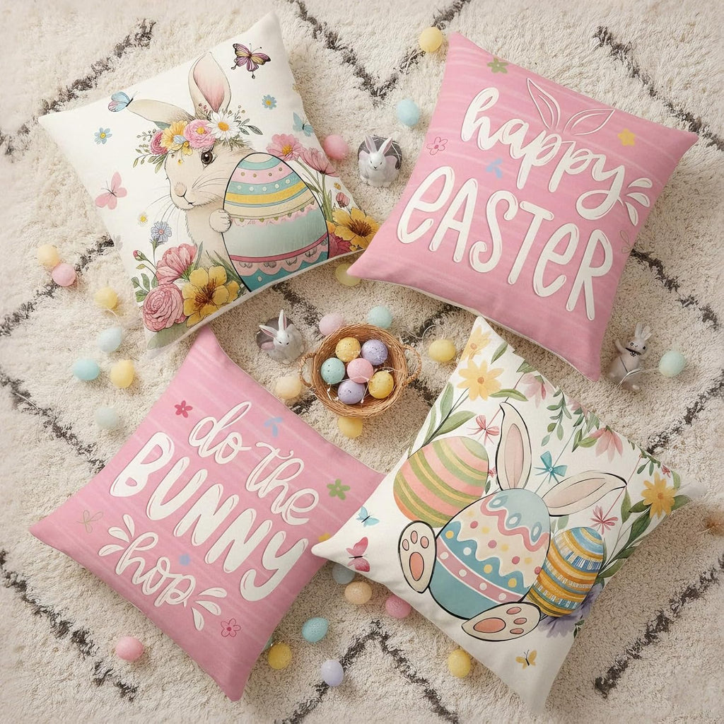 Easter Pillow Covers 18x18, Happy Easter Spring Pillow Cases, Spring Home Decor for Couch, Farmhouse Party - Set of 4