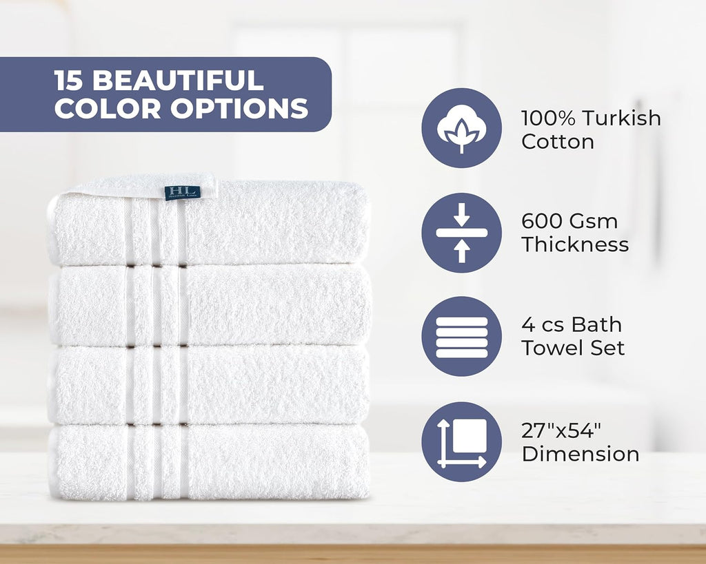 White Bath Towels 4 Pack 27 x 54 Inches 100% Turkish Cotton Soft Lightweight and Highly Absorbent Quick Drying