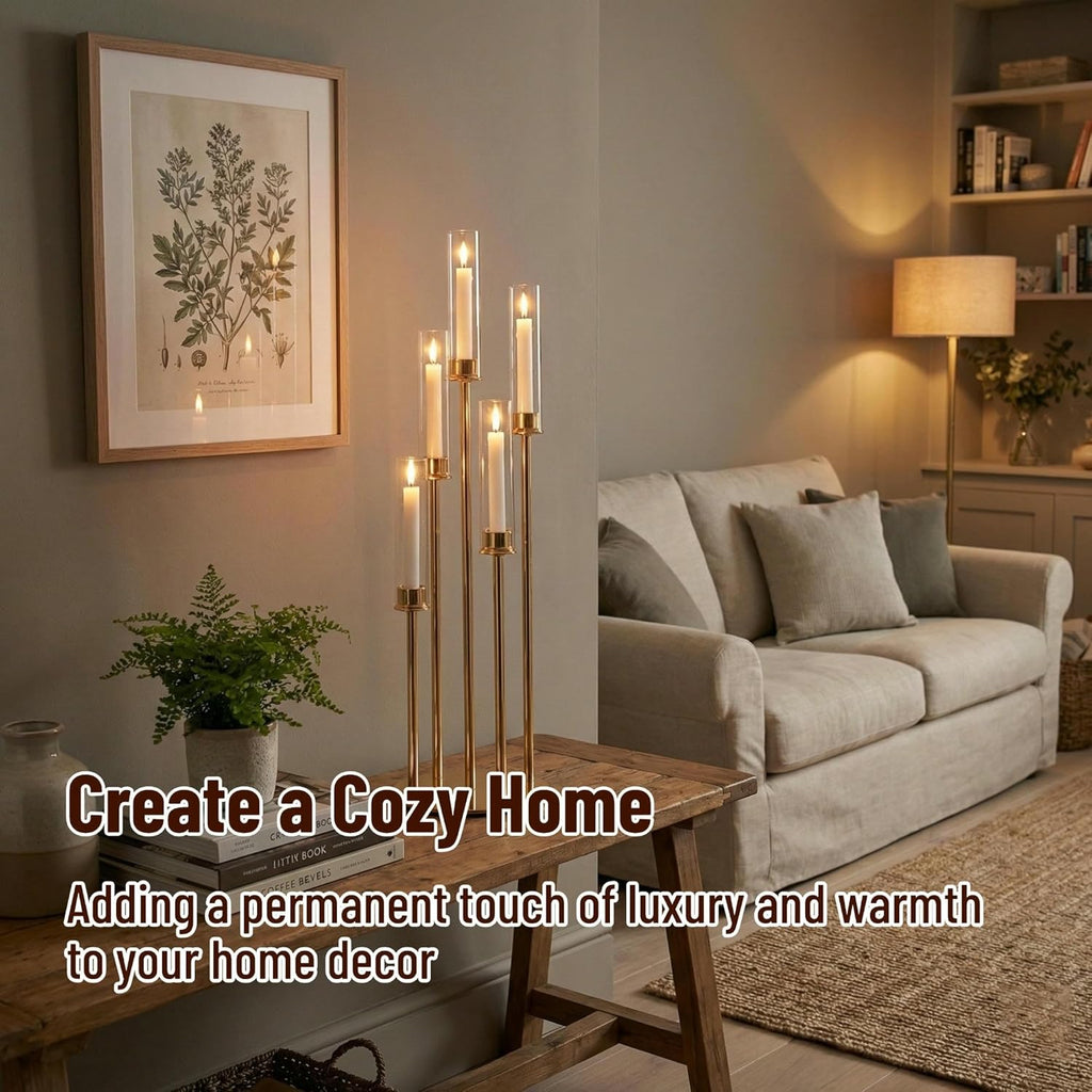 Candelabra Gold Centerpiece 5 Arms Taper Candle Holder Gold Centerpiece with Acrylic Tubes for Table Decoration