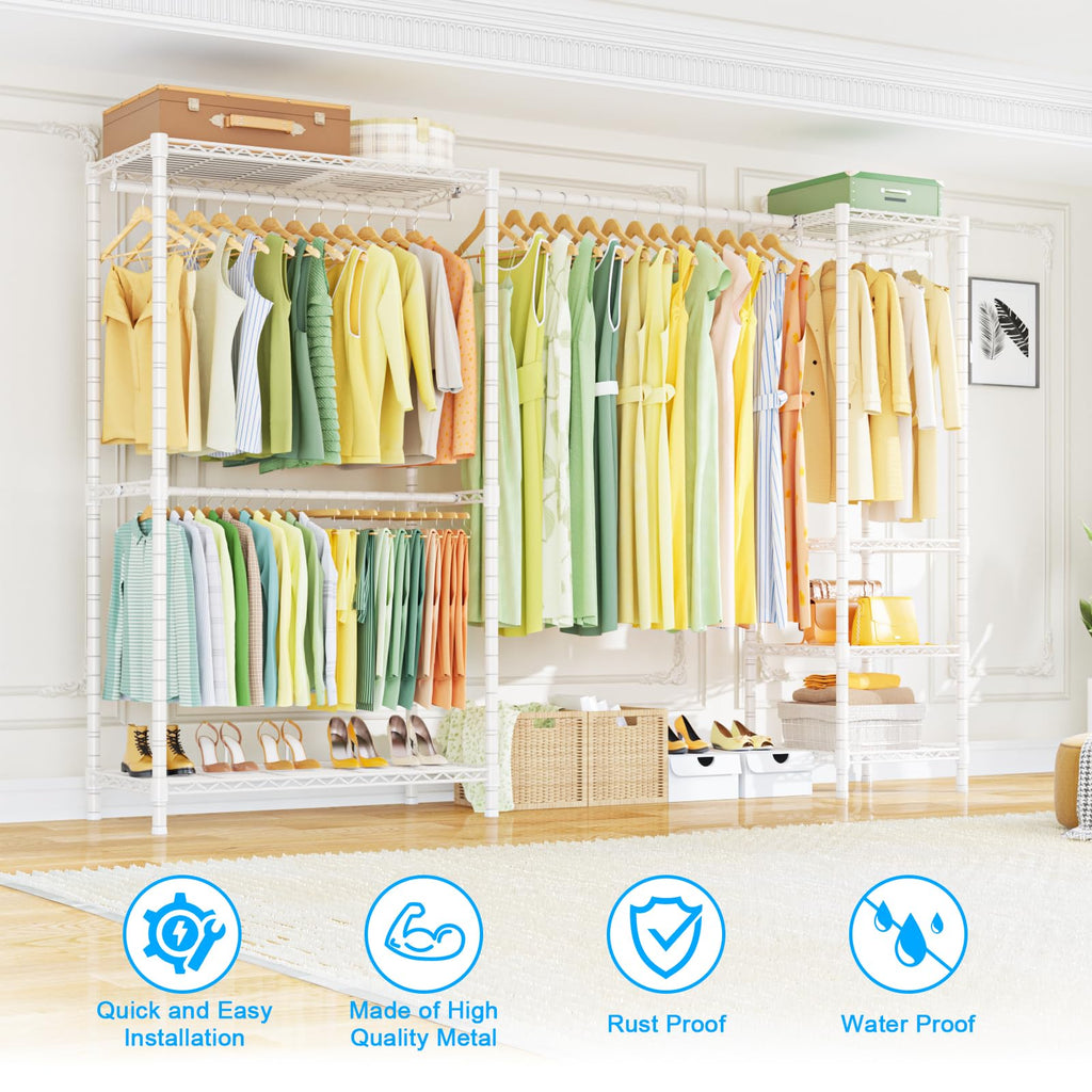 E10 Clothes Rack(With Stretchable Hanger Rod)Freestanding Clothing Racks for Hanging Clothes, Adjustable Closet