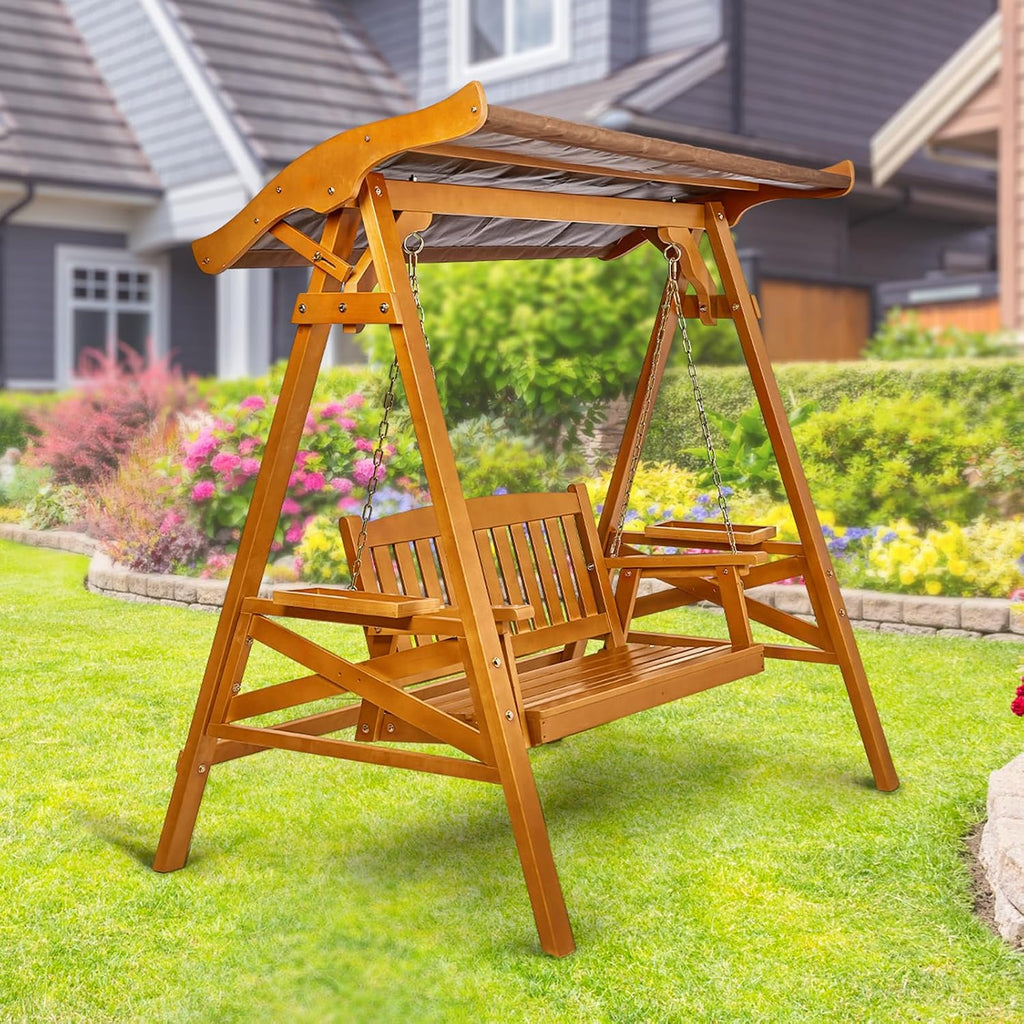 Porch Swing with Canopy and Stand, Waterproof Outdoor Swing, Brown | Waterproof Sunshade Canopy; Stable Swing Frame;