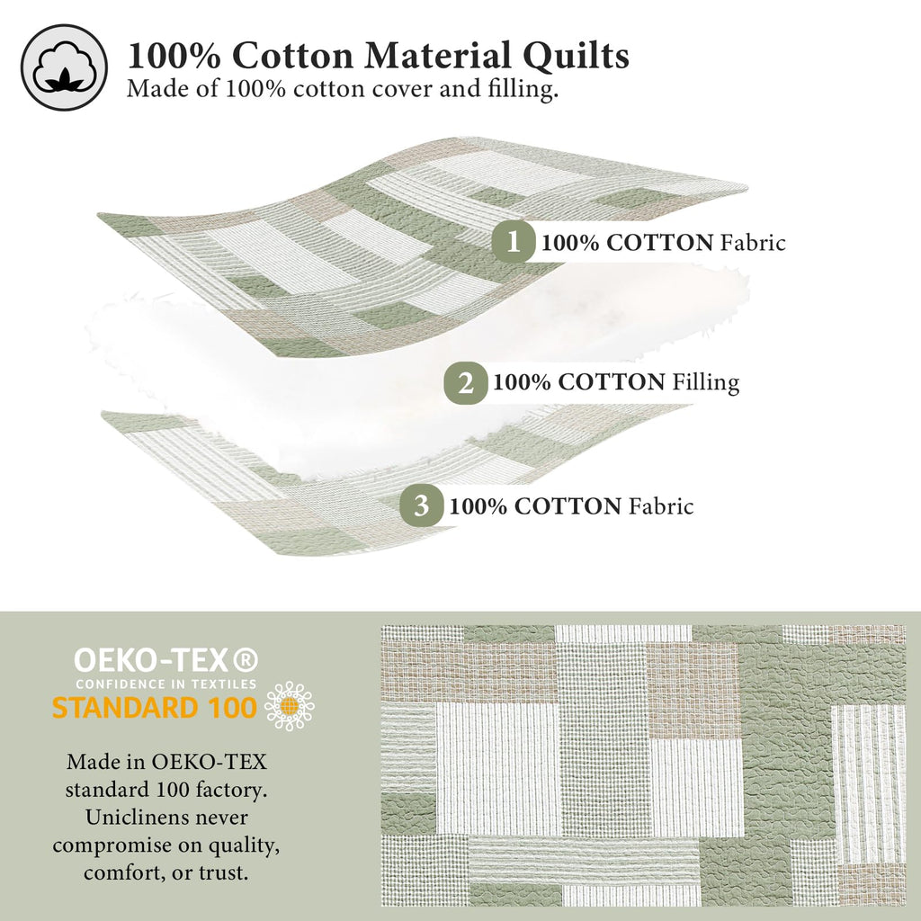 Plaid Quilt Set, Patchwork Light Green Quilt Bedding Set, 100% Cotton Bedspreads, Farmhouse Rustic