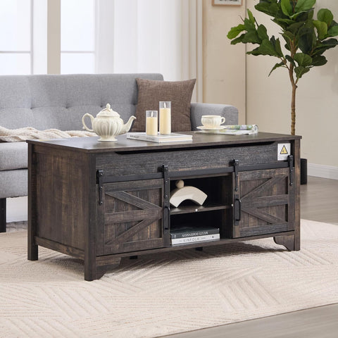 Lift Top Coffee Table with Sliding Barn Door 48" W Rustic Storage Coffee Tables