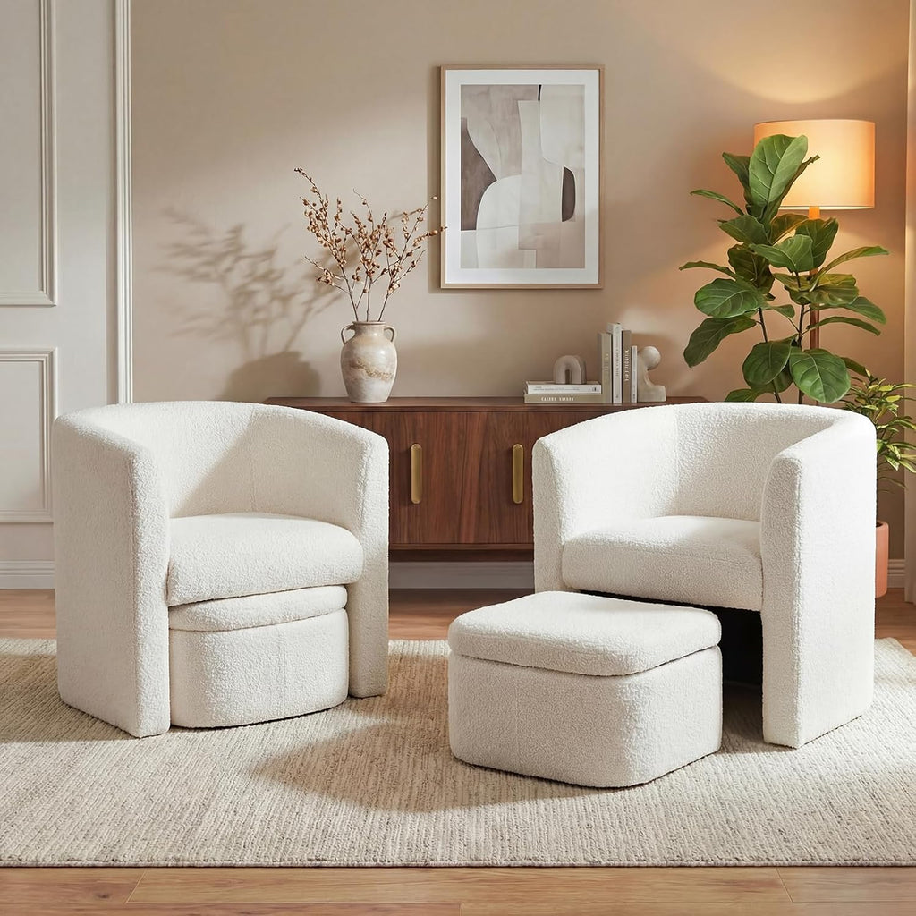 Velvet Morden Living Room Chair with Storage Ottoman, Barrel Accent Chair with Lounge Seat /Reading Spaces