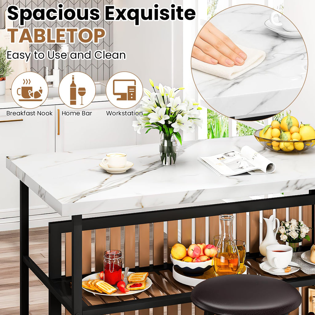 Kitchen Island with Stools & Storage, Modern Dining Table Set for 2, 3 Piece Kitchen & Dining Room Sets Island Table