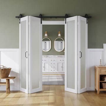 80" x 84" Bifold Sliding Barn Door, 1 Lites Tempered Frosted Glass Panel with Sliding Hardware Kit S