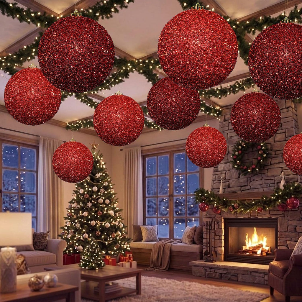 8pcs 6" Large Christmas Balls Tree Ornament, Red Burgundy, Glitter