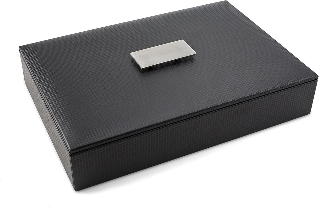 Mens Valet Tray/Dresser Organizer & Lid - 6 Slot Luxury Jewelry Accessories Box, Carbon Fiber Design & Metal Buckle