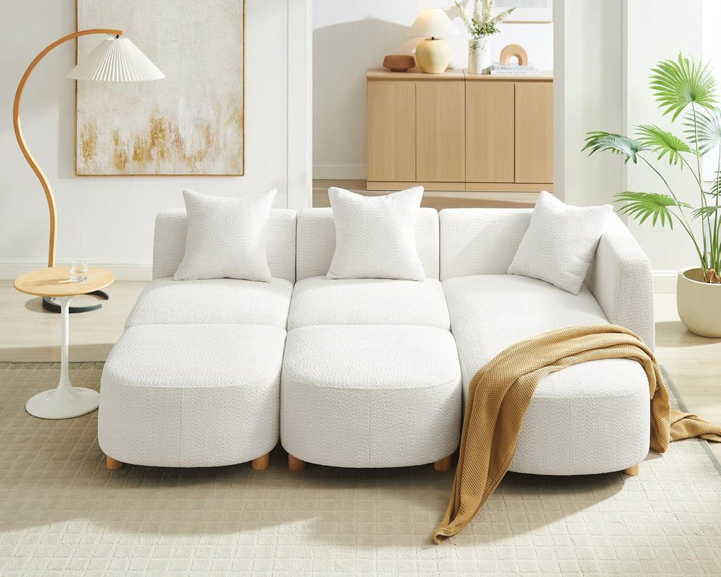 VANOMi 109.84" Modular Sectional Sofa with 3 Pillows, Convertible 5-Seater Comfy Boucle Cloud Couch with Ottoman