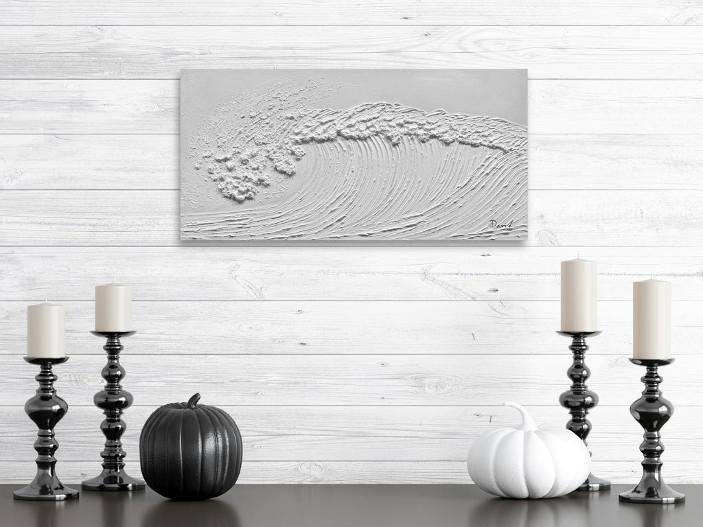 Solid Color White Textured Canvas Wall Art Abstract Beach Waves Landscape Oil Painting Handmade Contemporary Modern