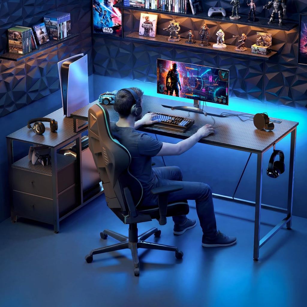60" Reversible Computer Desk Carbon Fiber Texture Includes Storage Drawers Power Outlet and LED Lights Gaming Desk