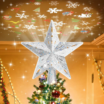 Christmas Tree Topper Lighted with 6 Projection Modes, Christmas Star Tree Topper Built-in LED Rotating Lights