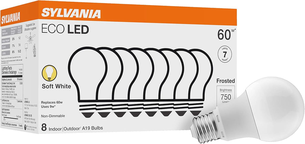 ECO LED Light Bulb, A19 60W Equivalent, Efficient 9W, 7 Year, 750 Lumens, 2700K, Non-Dimmable, Frosted, Soft White