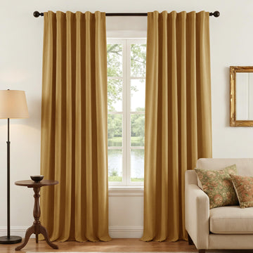 Scratch-Proof 100% Blackout Mustard Yellow Curtains, High-Density Linen Blend Window Treatments Rod Pocket & Back Tab
