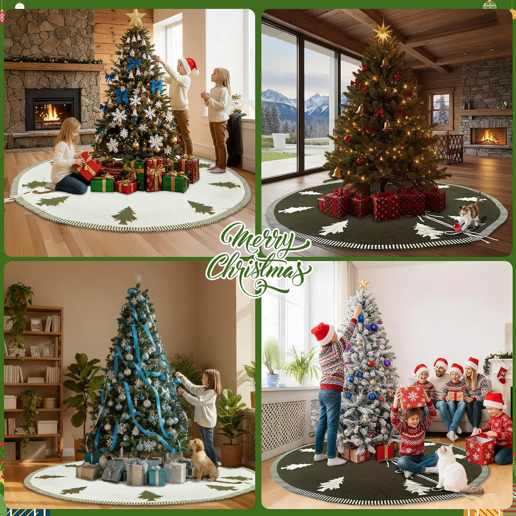 72 Inch Christmas Tree Skirt, Double-Sided Green and White Knit Tree Skirt with Xmas Tree Patterns Large Tree Skirt