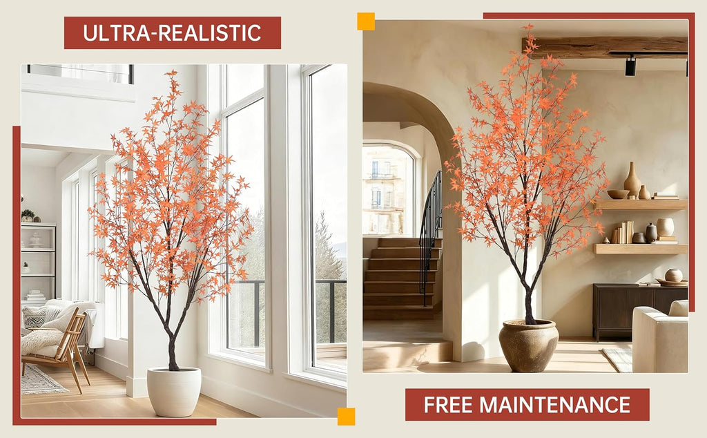 Autumn Maple Tree 8.5FT with 900 Red & Orange Leaves Fall Décor Tall Large Faux 102 Inch Plant Black Pot for Indoor