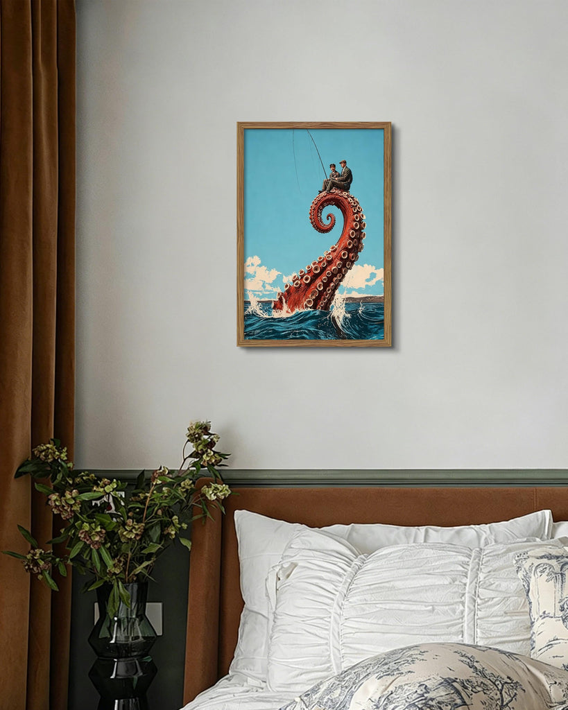 Framed Funny Octopus Canvas Wall Art Print Picture, Whimsical Sea Life Wall Decor Painting, Surreal Fisherman Sitting