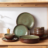 Stoneware Dinnerware Sets Service for 4, 12 pcs Reactive Glaze Plates and Bowls Sets, Handmade Ceramic Dish Set