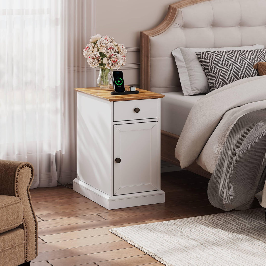 End Table with Charging Station, Narrow Sied Table with Drawer & Cabinet, Side Table with Adjustable Shelf /Bedroom