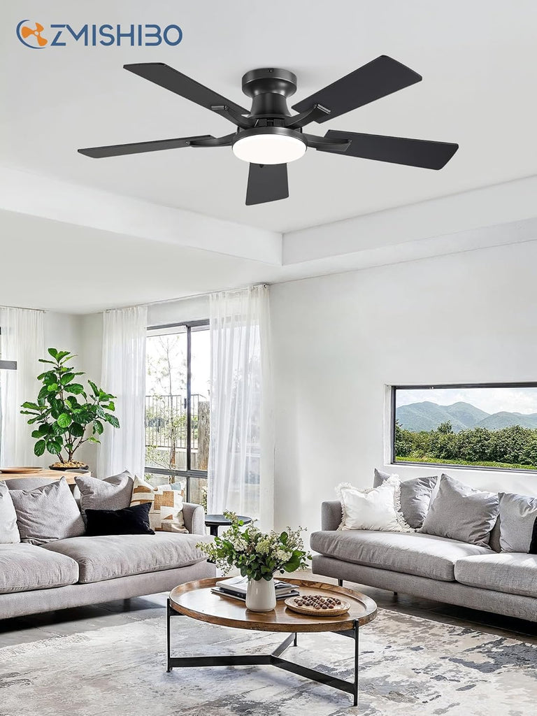 42 Inch Ceiling Fan with Light, App&Remote Control, Flush Mount Low Profile, Dimmable 20W LED Light, Quiet Reversible Motor for Bedroom, Living Room, Apartment, Black A101-B0F8B7CFP5
