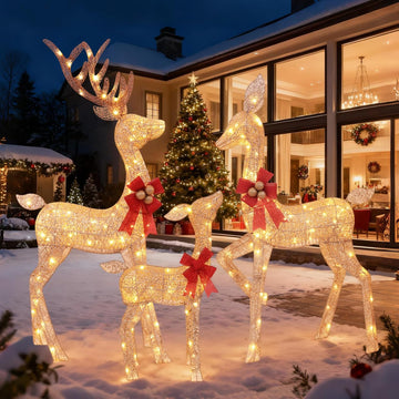 3-Piece Lighted Christmas Deer Family - 4.5ft 3D Pre-Lit Reindeer Outdoor Decorations with 210 LED Lights