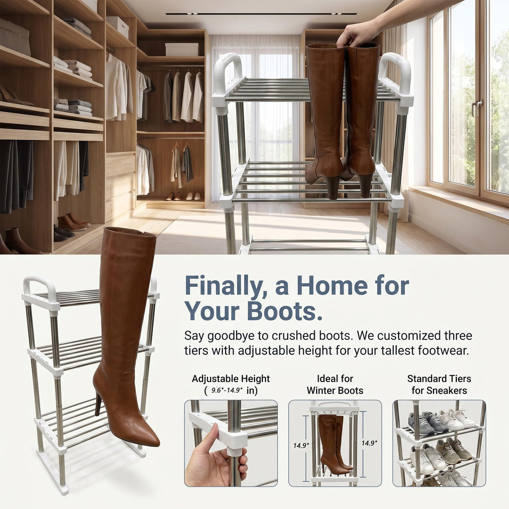 Expandable Shoe Rack, Adjustable Height Boot Organizer, 3-Tier