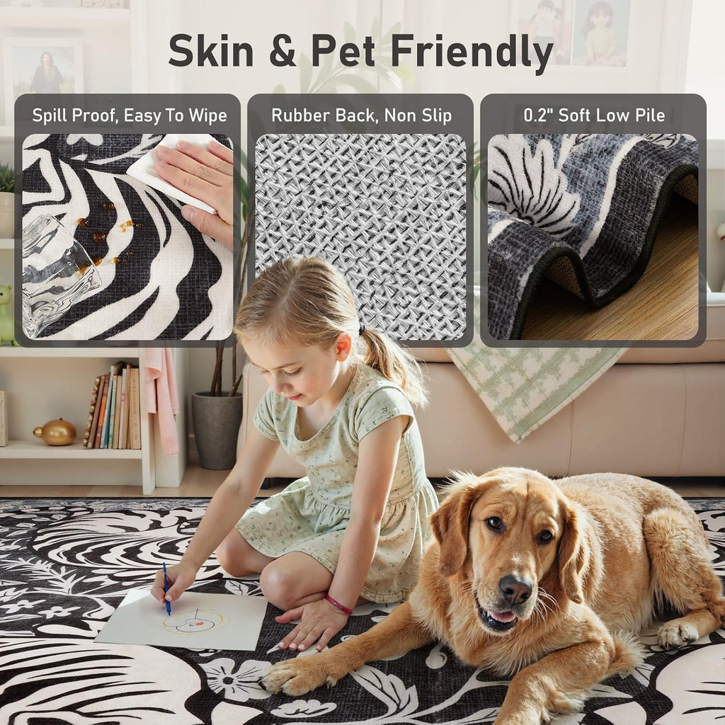 Tiger Washable Rugs, Boho Bedroom Rug Non-Slip Jungle Floral Area Rug, Soft Stain Resistant Vintage Western