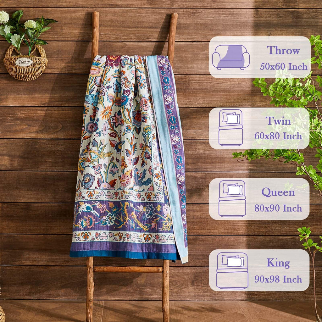 Boho Blanket Soft Muslin Boho Throw Blanket 100% Cotton Blanket All Seasons Reversible Rustic Floral Printed Vintage