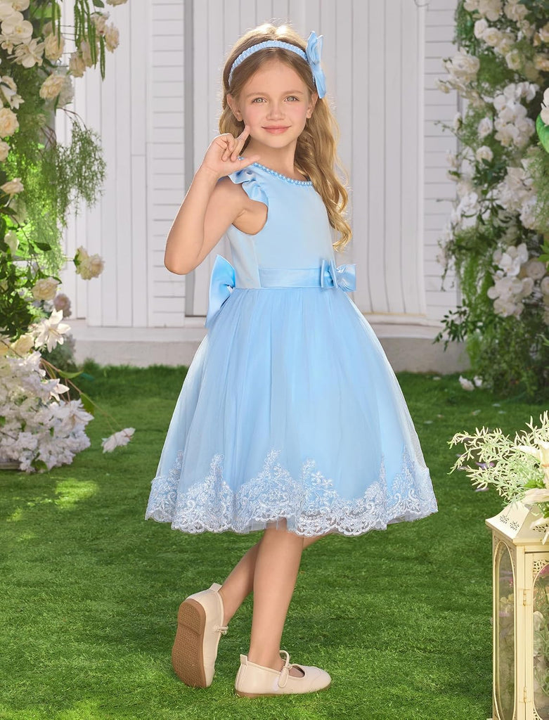 Infant Baby Girls Wedding Flower Girl Dress Pearls Tulle Tutu Dress Bowknot V Back Pageant Party Birthday Formal