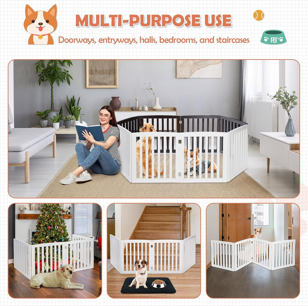 Dog Gate Pet Gate Indoor for Stairs Doorways 82x24 Inch 4 Panels Dog Fence Extra Wide Wooden White