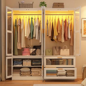 4 Doors Armoire Wardrobe Closet with LED and Mirror, 71" H Freestanding Wooden Wardrobe Closet Cabinet w 2