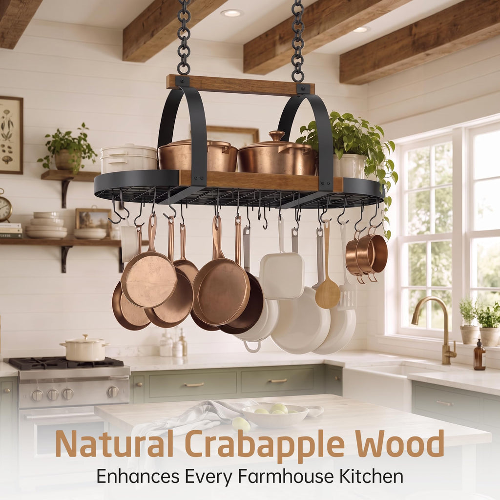 Natural Solid Wood 39 Inch Large Hanging Pot Rack, 130 LBS Capacity Heavy Duty Oval Pot and Pan Hanging Rack Ceiling