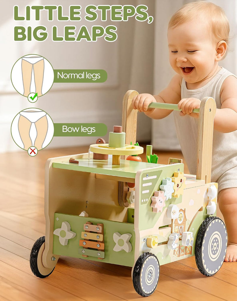 Wooden Baby Walker Push Toy for Toddlers, Baby Push Walker with Wheels, Farm-Themed Activity Center for Girls & Boys