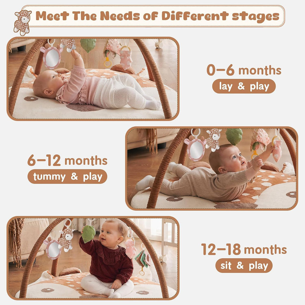 Deer Tummy Time Mat Baby Play Gym with 5 Sensory Toys for Newborn