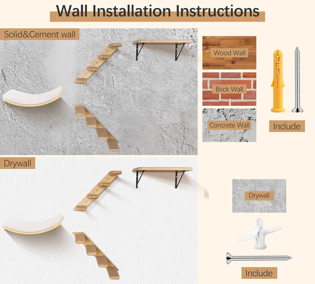 Cat Wall Shelves Set with Sisal Cats Stairs, 4 Piece Wooden Climbing Furniture with Scratchable Curved Bed, Flat