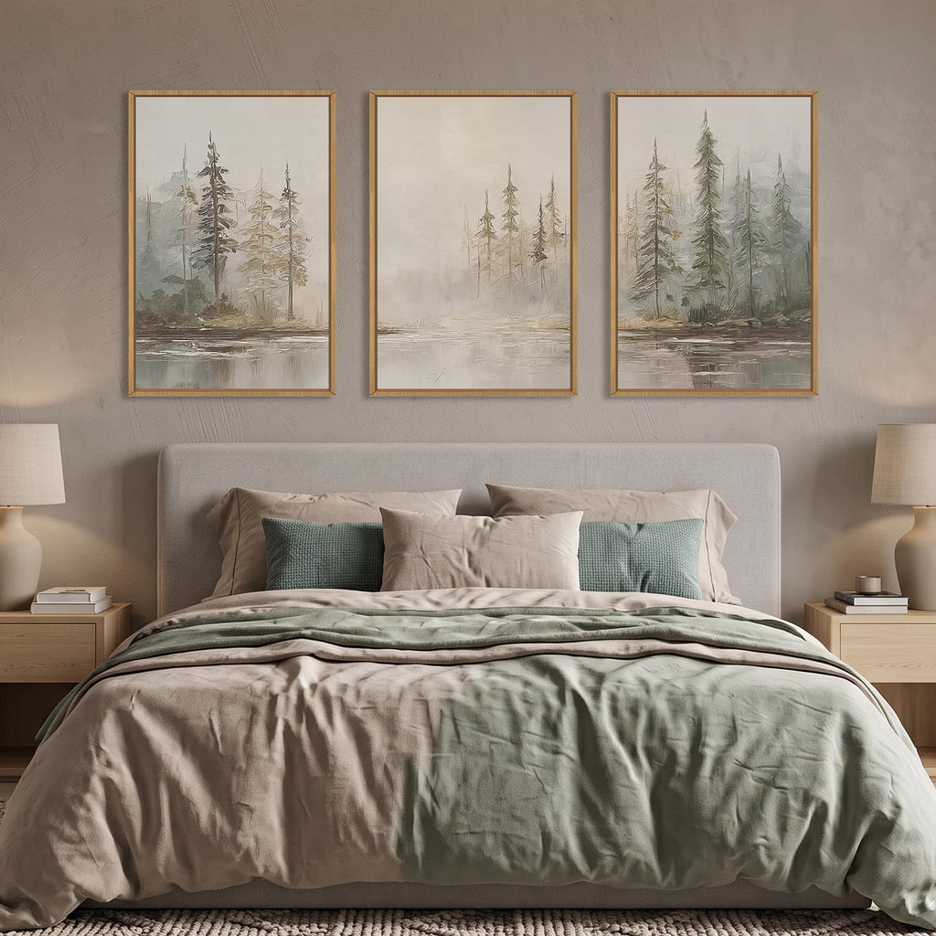 Large Neutral Misty Pine Tree Framed Canvas Wall Art Set -16"x24"x3