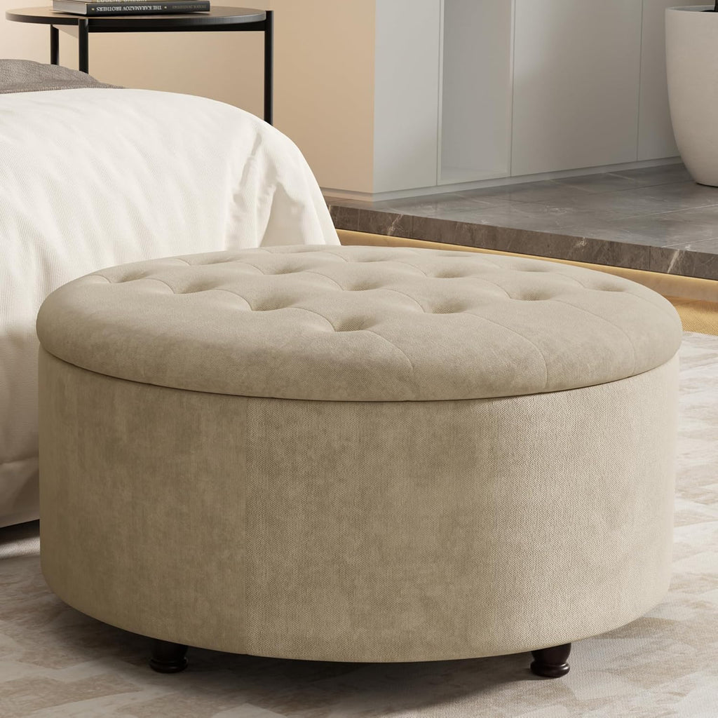 30 Inch Round Storage Ottoman,Modern Tufted Ottomans,Circular Coffee Table with Removable Top,Upholstered Large