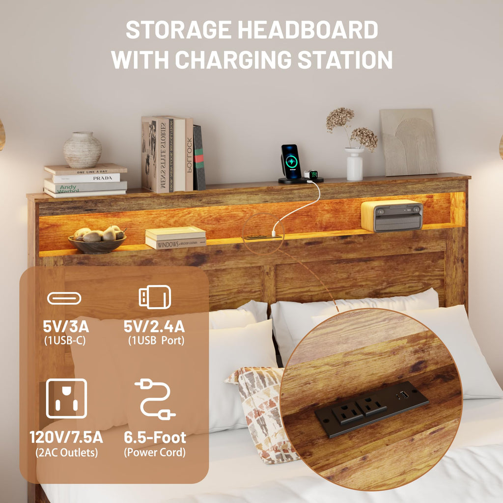 Wooden Bed Frame King Size with Storage Headboard, Brown