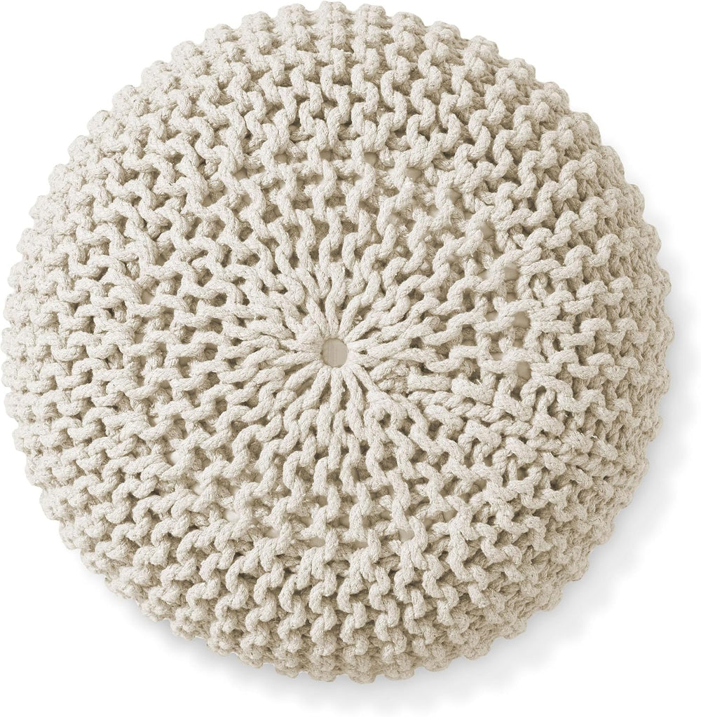 Round Pouf Ottoman, Natural - 20" Diameter x 14.5" High Cotton Knit Foot Stool - Boho Floor Pouffe