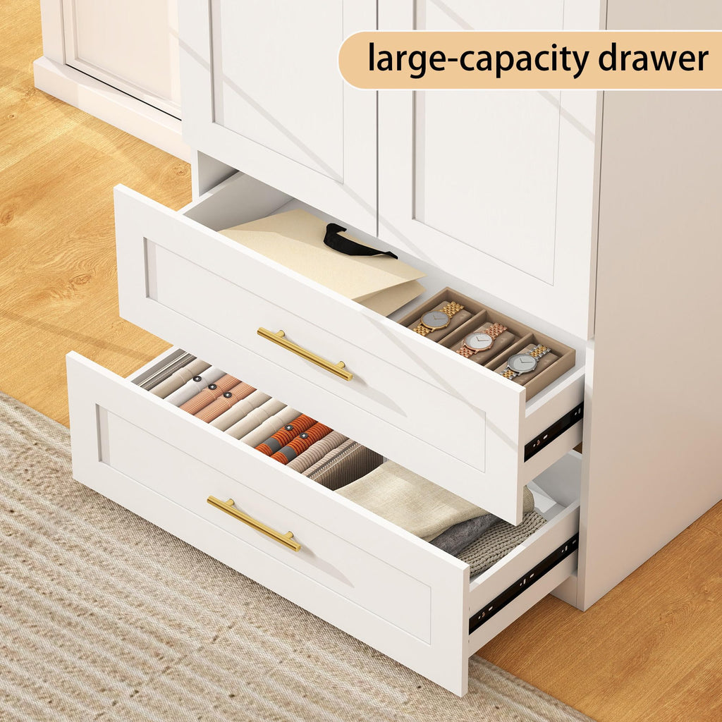 White Wardrobe with 4 Doors and 4 Drawers, 75" Tall x 63" Wide