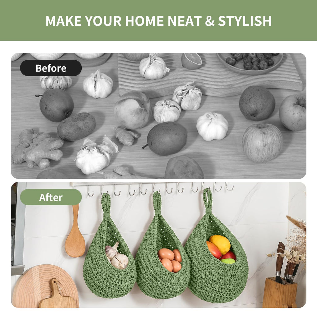 Boho Wall Hanging Fruit Baskets 3 Pack Woven Produce Holder with 6 Pcs Strong Hooks Vegetable Hanging Basket for