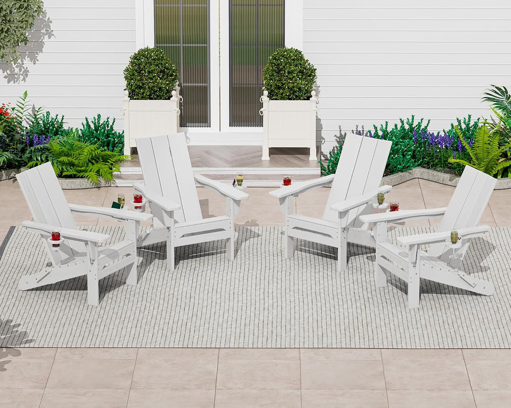 Modern Folding Adirondack Chairs Set of 2, HDPE, Cup Holders, White | Outdoor All-Weather Lawn Adirondack Chairs Wood