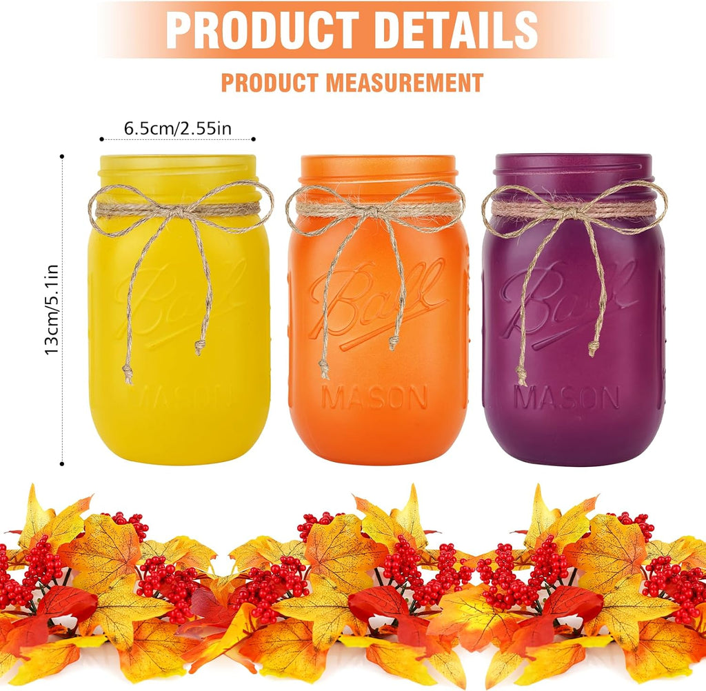 Fall Mason Jar Centerpieces for Tables - Thanksgiving Table Decorations with Autumn Leaves & Berries, Autumn Candle - Set of 3