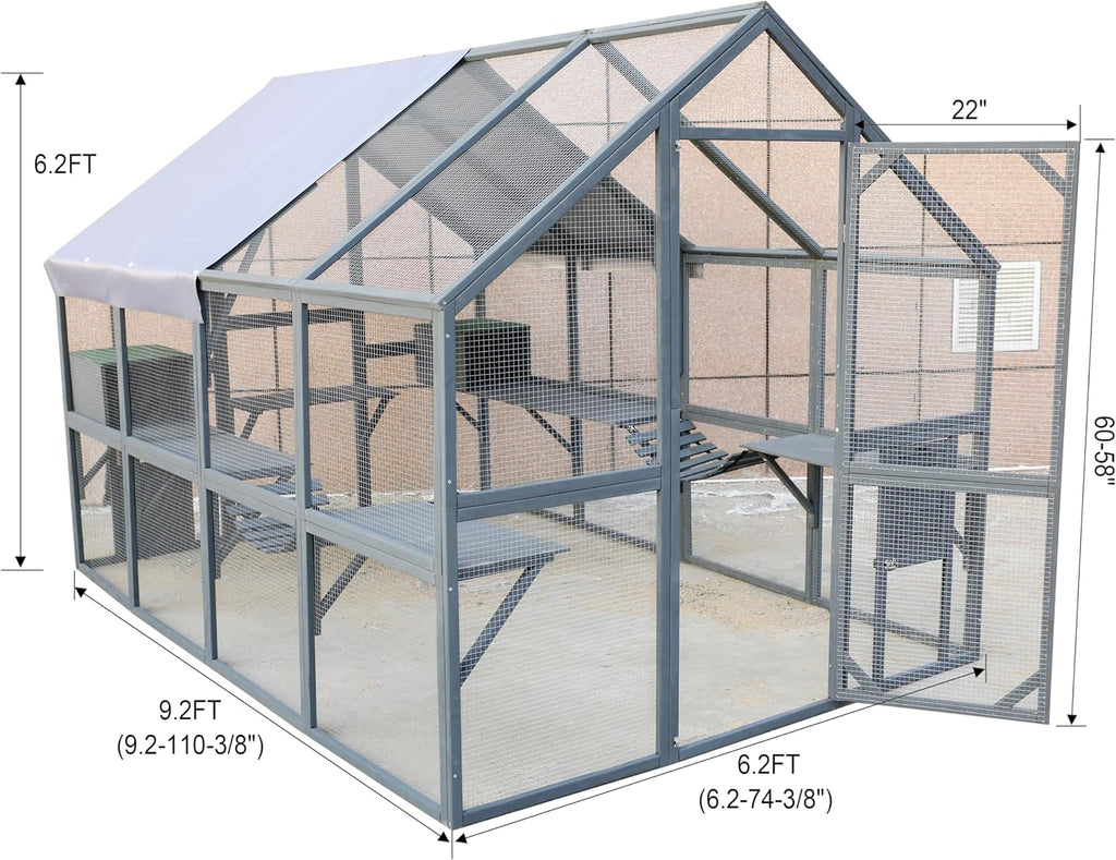Large Wooden Catio Outdoor Cat Enclosure, Walk-in with Roof Cover 110in